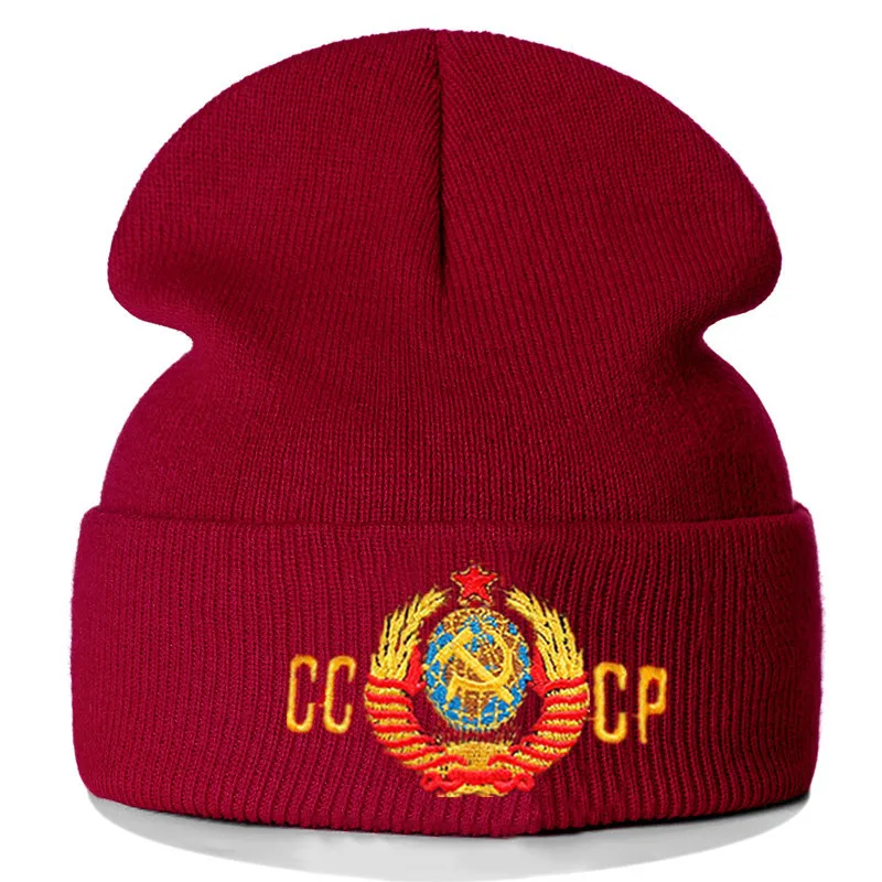 1 шт шапка Герб СССР вышивка повседневное шапка женская мужская теплая вязаная зимняя шапка модные Сплошной цвет шапка