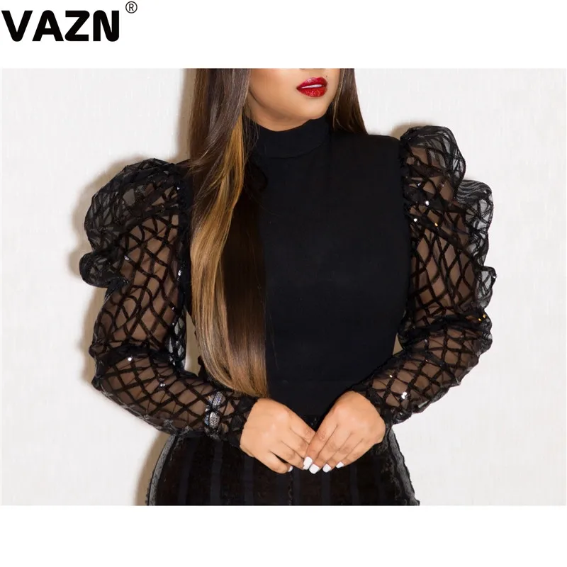 VAZN, шикарный дизайн, весна, сексуальная женская черная футболка, пышная клетчатая Водолазка с длинным рукавом, облегающая футболка, женская уличная футболка