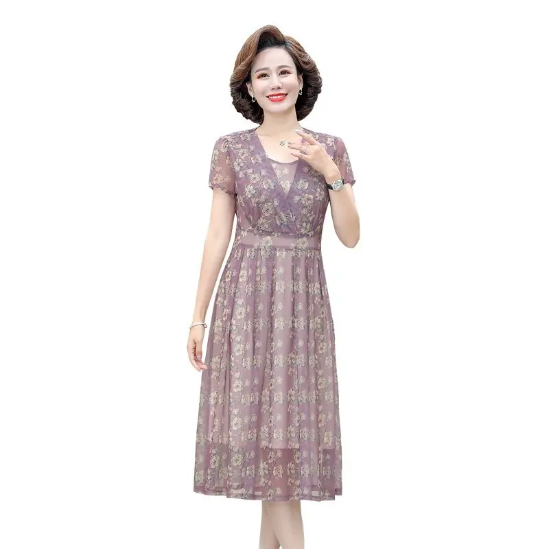 NEW Summer Chiffon Floral Slim Short Sleeve V-Neck A-Line Women Party Cocktail Dresses