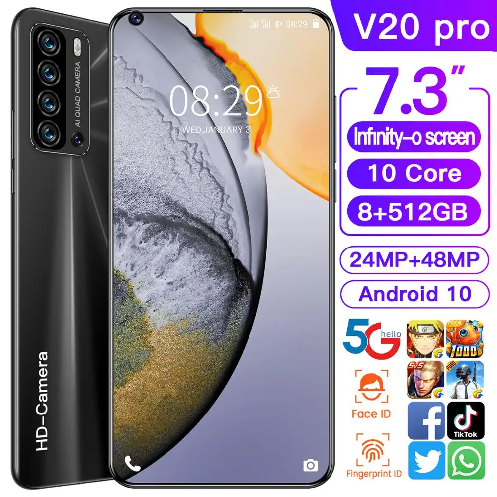 New Smartphones 7.3inch V20 Pro 12G 512G 48MP Type-C Plug Face Unlocking Wifi GPS 4G 5G LTE CellPhone Global Version 5600mAh