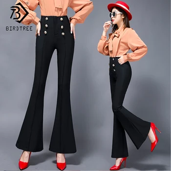 

2020 Spring New Women's Plus Size Office Lady Button Full Length Pants Fashion High Waist Flare Pants Female Bottoms B01406O