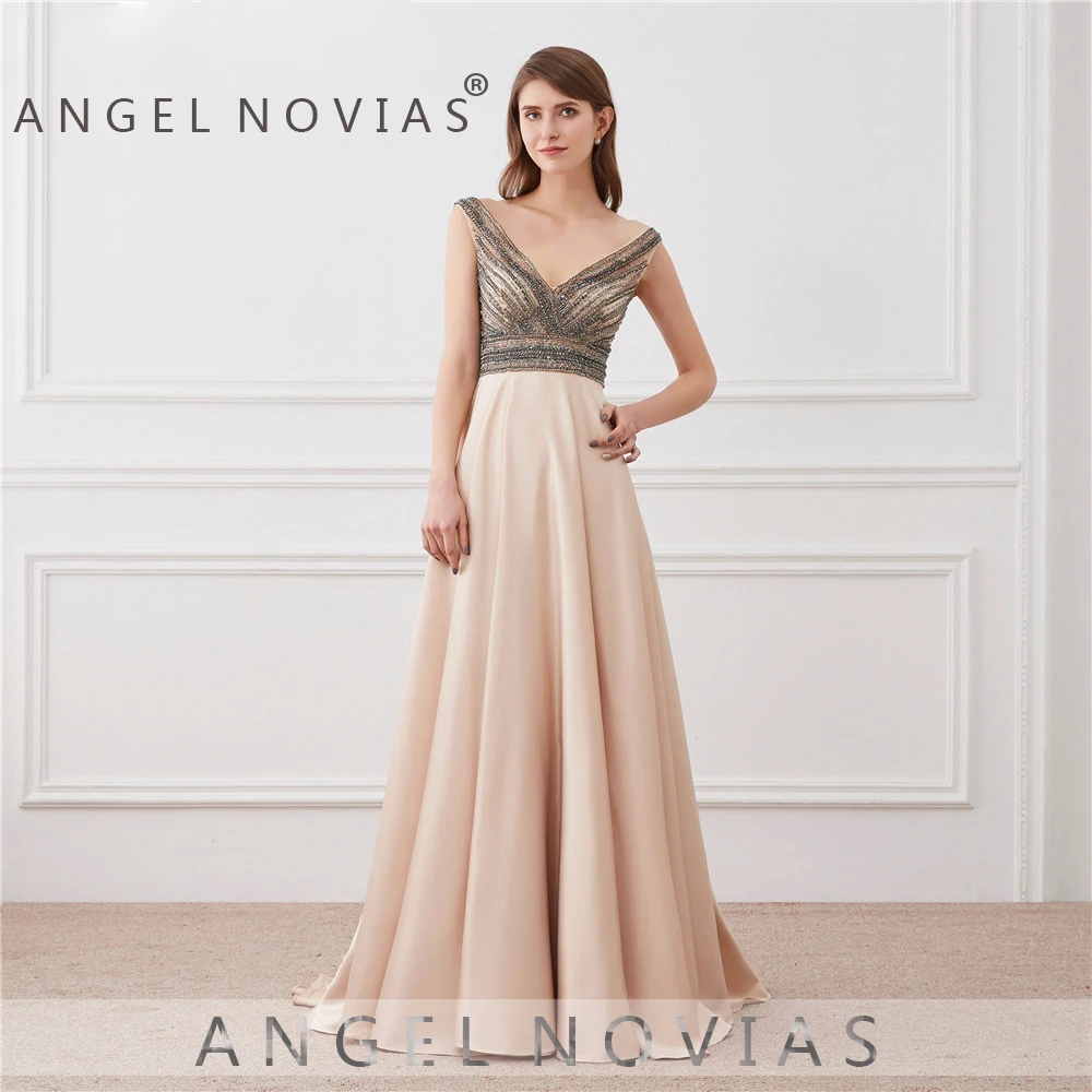 Женское длинное вечернее платье ANGEL NOVIAS блестящее цвета шампанского с открытой