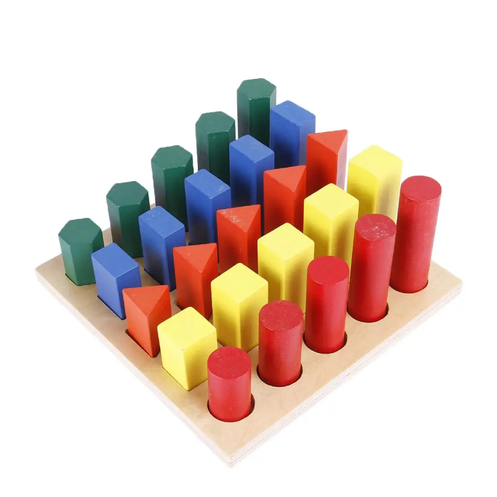 Montessori Materials Shape Sorter Toy for Toddlers Preschool Kids, Wooden Colored Geometric Pillars Ladder Blocks