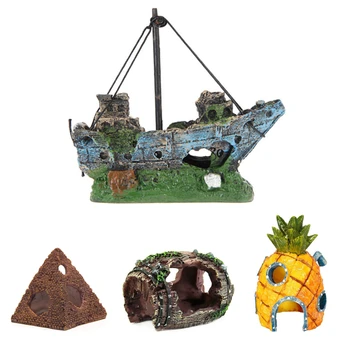 

Artificial Aquarium Spongebob Decoration Fish Tank Stone Boat Ornament Decor Hiding Cave Rock for Fish Shrime Decorative Marbles