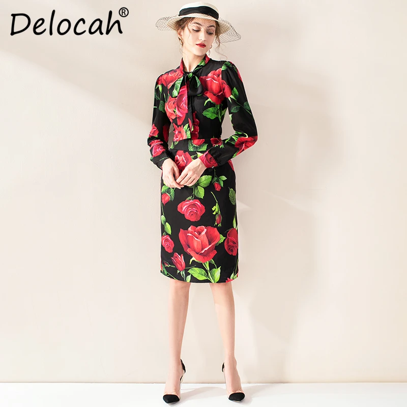 Delocah, осенне-зимняя женская рубашка, подиумная, модная, дизайнерская, с длинным рукавом, с принтом розы, шелк, современные, новые блузки