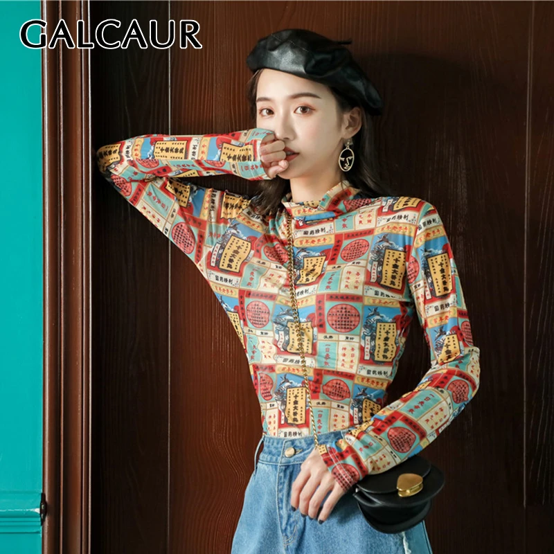GALCAUR Print Cartoon Female T-shirt Stand Collar Long Sleeve Casual Women's Shirt 2020 Autumn Oversized Fashion New Clothing | Женская