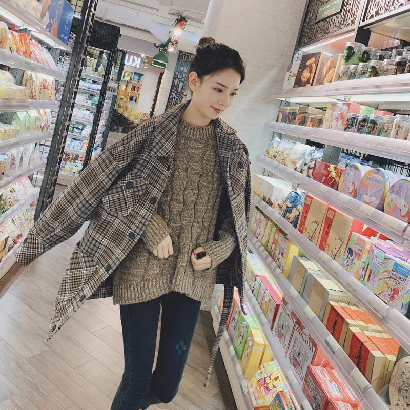 

Plaid Woolen Coat Women's Mid-length 2019 Spring New Style Korean-style Loose Casual Short Woolen Overcoat