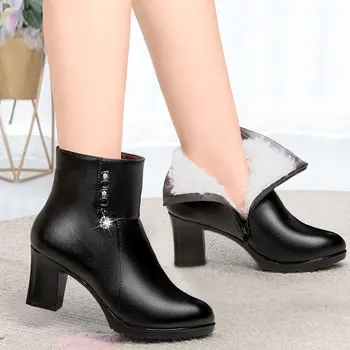 

Thick Heel Round Toe Ankle Boots Women Pumps Solid Color Patent Leather High Heel Shoes Keep Warm Women Boots Zapatillas Mujer