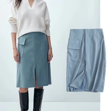 

Withered England Style Office Lady Fashion Solid SImple Side Of Pockets Midi Skirt Women Faldas Mujer Moda 2021 Skirts Womens
