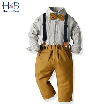 

Humor Bear Boys Clothing Sets Children's Spring & Autumn Gentleman Long Sleeve Shirt +Strap Trousers + Bow 3pcs Kids Clothes