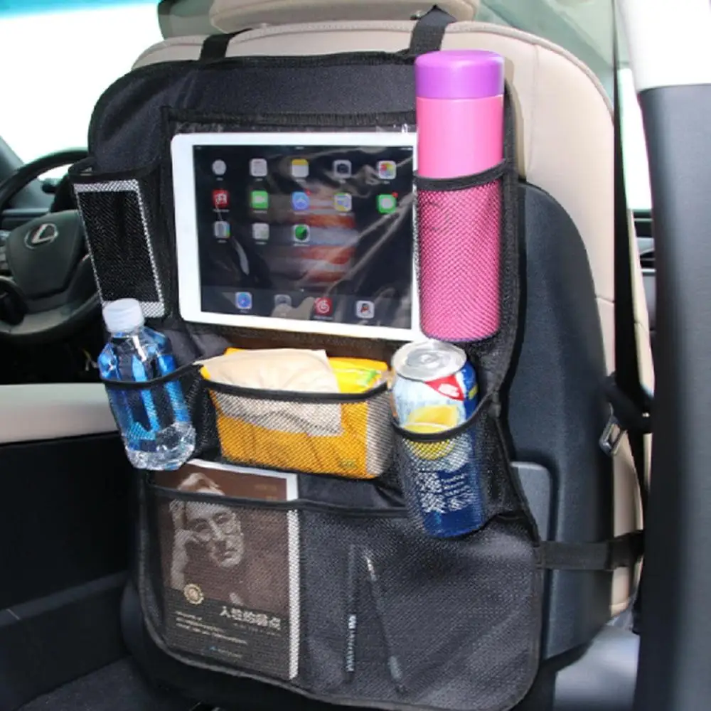 Rear seat car storage bag kick pad seat back with tablet computer stand storage bag child back