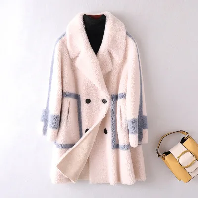 whit stitching blue Высококачественная оторочка из овечьей шерсти пальто зимняя женская теплая куртка модная шерсть ягненка куртка Женская Верхняя одежда Пальто меховое Женское пальто - Цвет: whit stitching blue