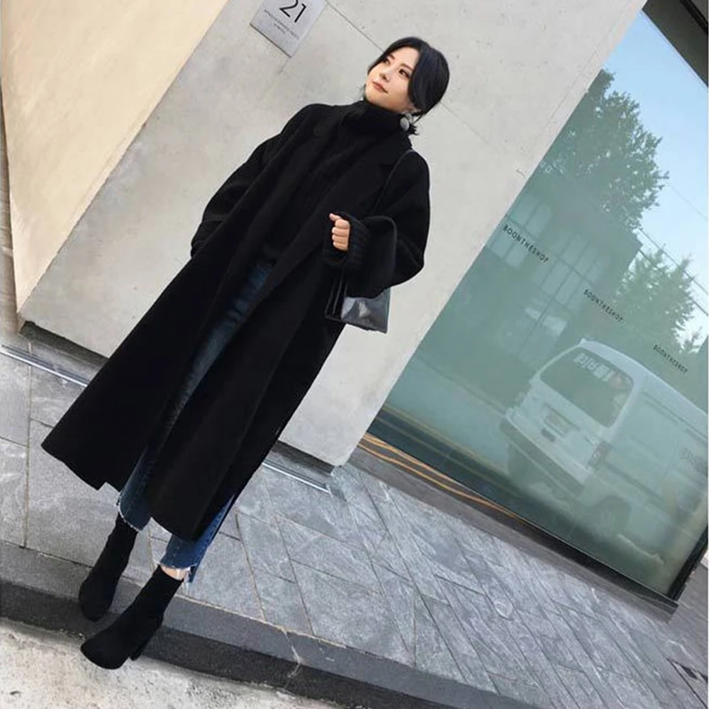 Black Новое зимнее женское пальто Свободное двухстороннее толстое шерстяное пальто с v-образным вырезом шерстяное пальто женское длинное повседневное Свободное пальто с длинными рукавами - Цвет: Black