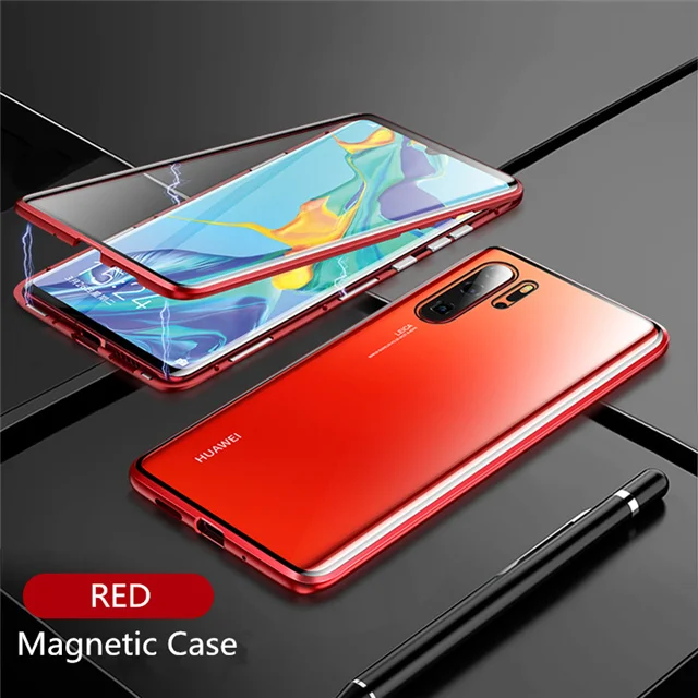 Red 360 чехол с магнитной адсорбцией для huawei P30 P20 Pro Lite mate 20 30 Pro Lite двусторонний чехол из закаленного стекла - Цвет: Red