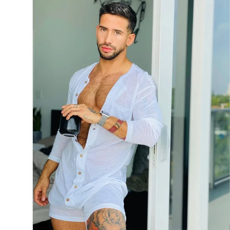 2021 New Short Sleeve Jumpsuits Playsuits for Men Fashion Leisure Home Conjoined Pajamas Sleep Bottom Buttoned Up Homewear Male mens sleepwear set