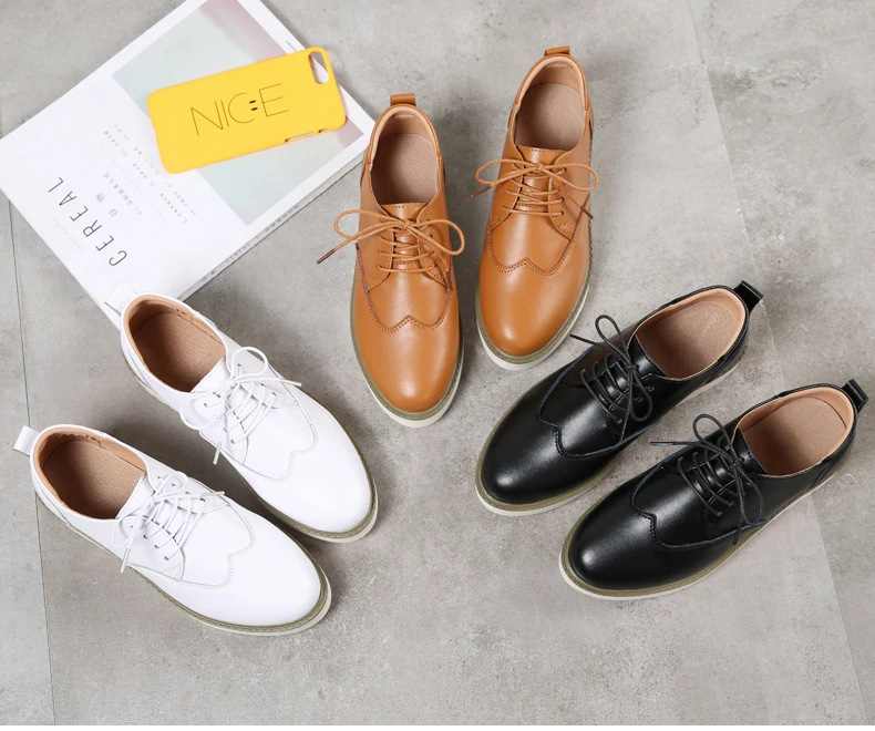 All Season Women Leather Casual Shoes Split Leather Flat Platform Brogue Shoes Ladies Loafers Shoes White Oxford Sheos