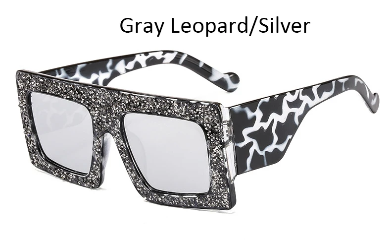 Gray Leopard Silver Роскошные квадратные солнцезащитные очки с бриллиантами для женщин, большие размеры, фирменный дизайн, кристальная оправа, стразы, солнцезащитные очки Oculos - Цвет линз: Gray Leopard Silver