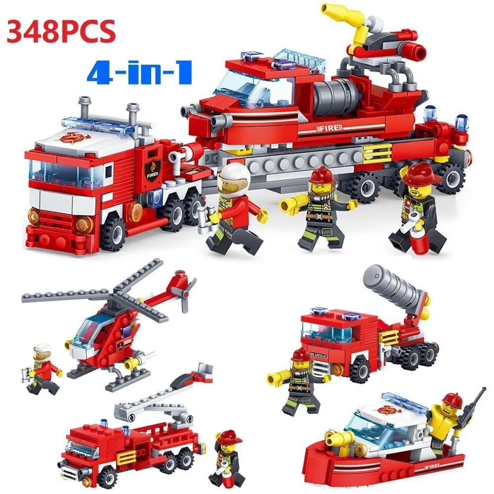 

348pcs Building Block 4in1 City Fire Truck Set Firefighter Utility Car Ladder Helicopter Boat Blocks Toys Compatible For Child