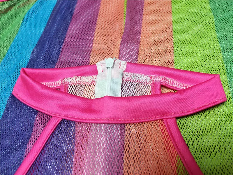 Сетчатое цветное Полосатое боди с молнией и круглым вырезом, облегающие сексуальные женские комбинезоны размера плюс