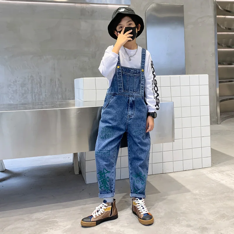 Boys Denim Jeans Clothes 6-14 Y Overalls Jumpsuits Boys Pockets Placket Zipper Loose All-match Trousers Popular Funny Print