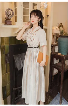 

French Vintage Suits Dress For Lady Fad Embroidery Shirt Match Striped Skirt Two-piece Suits Fairy Dress Women's Summer Jupe