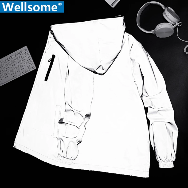 Hooded-Coats Windbreaker Reflective-Jacket Night-Shiny-Jackets Streetwear Mens Casual