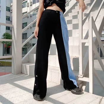 

2020 New Spring Autumn Women Jeans Pants Patchwork Hit Color Split Long Trousers Korean High Waisted Demin Straight Pants Femme