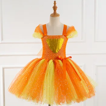 

Girls Mesh Printed Orange Tutu Dress Princess Carnival Party Dresses Children Ball Gown Costumes