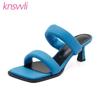 

Square Toe Mules High Heels Women Blue Black Leather Simplicity Summer Sandals Woman Stiletto Slippers Woman Designer Shoes Lady