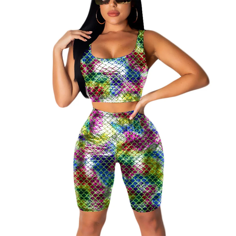 

Fadzeco Two Piece Outfits Bodycon Jumpsuit Glitter Sequined Women Vest and Short Pants Set Clubwear Sexy Romper