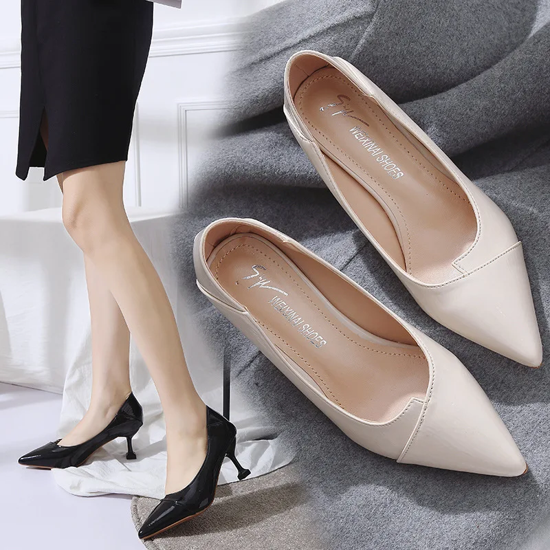 

Korean-style Autumn Spool Heels Pointed Shallow Mouth Shoes Women Red Banquet Low-top Shoes Women High Heels Four Seasons WOMEN'