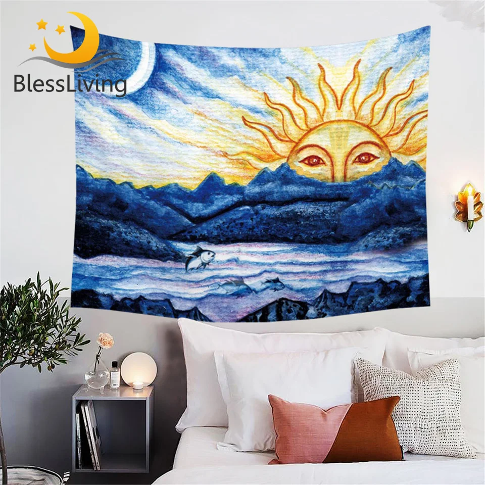 

BlessLiving Abstract Costal Tapestry Blue Brush Nature Tapestries Ocean Wall Hangings Home Decor Sun and Moon Flat Sheet 150x200