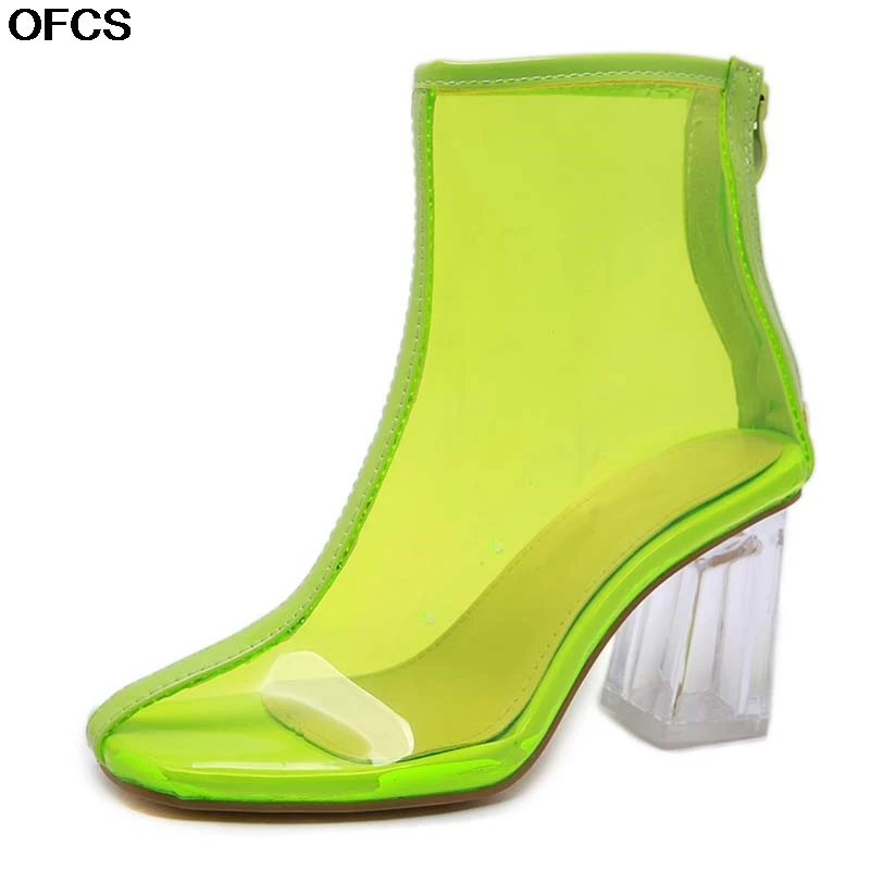 Новинка года; осенние ботинки из ПВХ; женские ботинки; сандалии; пикантные Прозрачные ботинки; обувь с круглым носком на не сужающемся книзу массивном каблуке; женская обувь на молнии; Mujer - Цвет: Green01