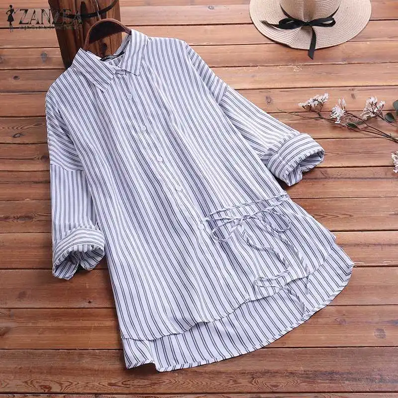 Топы больших размеров Blusas ZANZEA Женские повседневные блузки с длинным рукавом винтажные рубашки в полоску на пуговицах с нижними лямками S-5XL-туника