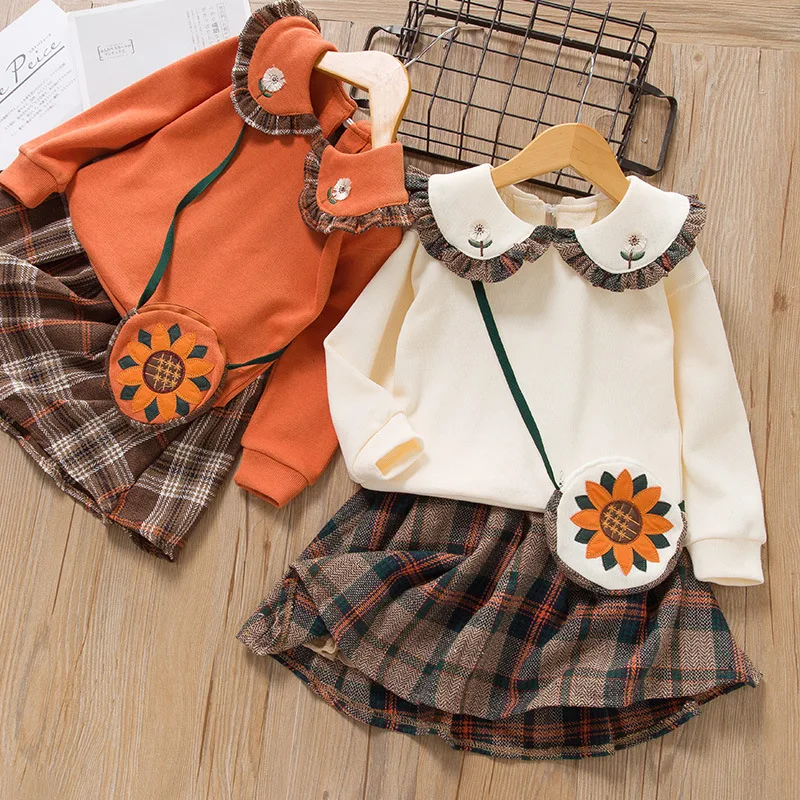 

Autumn New Children Clothing Sets Solid Color Pullover Turndown Collar Flower Printed Top Lattice Skirt Baby Girls Kids Suit