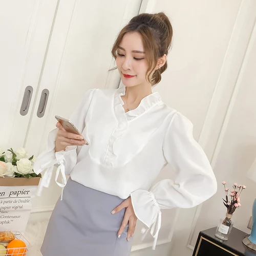

COIGARSAM Casual Full Sleeve blouse women New Spring Fashion Chiffon blusas womens tops and blouses White Pink 6022