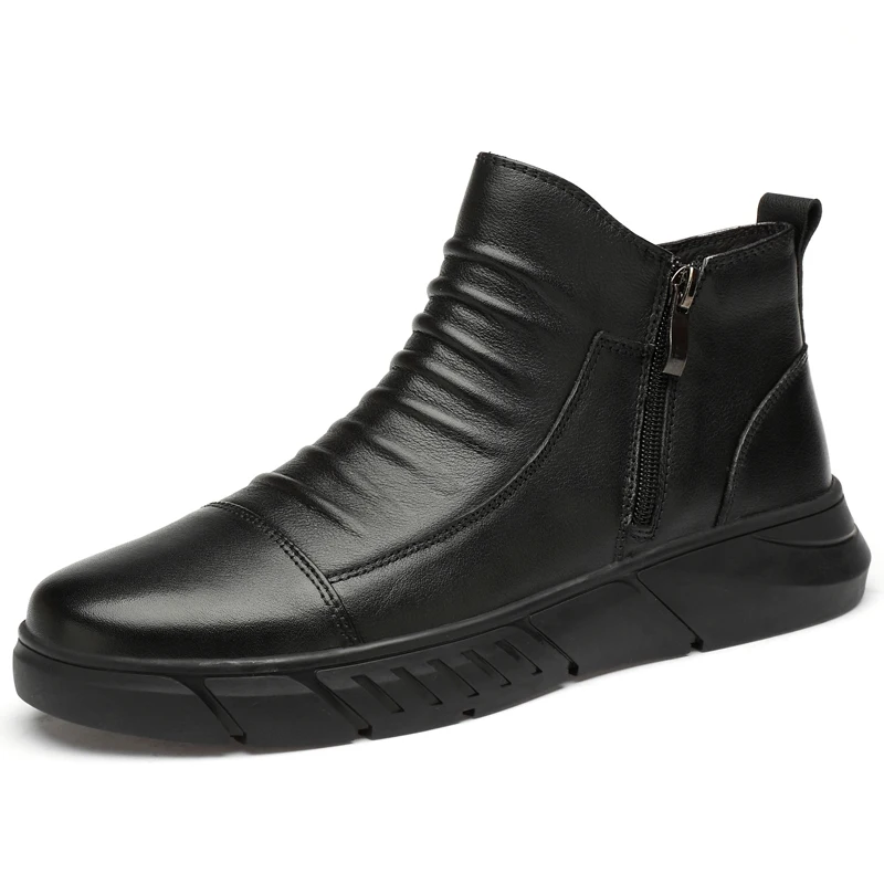 Новинка года; Роскошные Ковбойские Сапоги Мужские модельные ботинки из натуральной кожи с мехом; Мужская зимняя обувь мужские ботинки на молнии на резиновой подошве - Цвет: Black