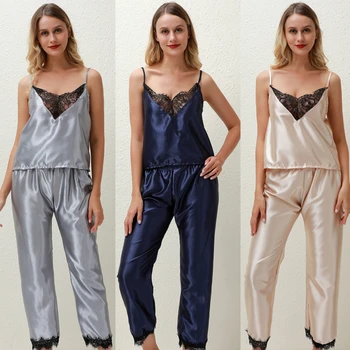 

Summer Women Ladies Sexy V Neck Lace Satin Silk Pajamas Sets Short Sleeve Tops+Pants Sleepwear mujer Nightwear pyjama femme