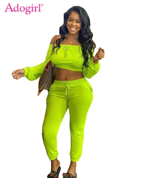 

Adogir Women Solid Two Piece Set Off Shoulder Long Sleeve Crop Top Elastic Waist Sweat Pants Suit Jogger Tracksuit Sportswear