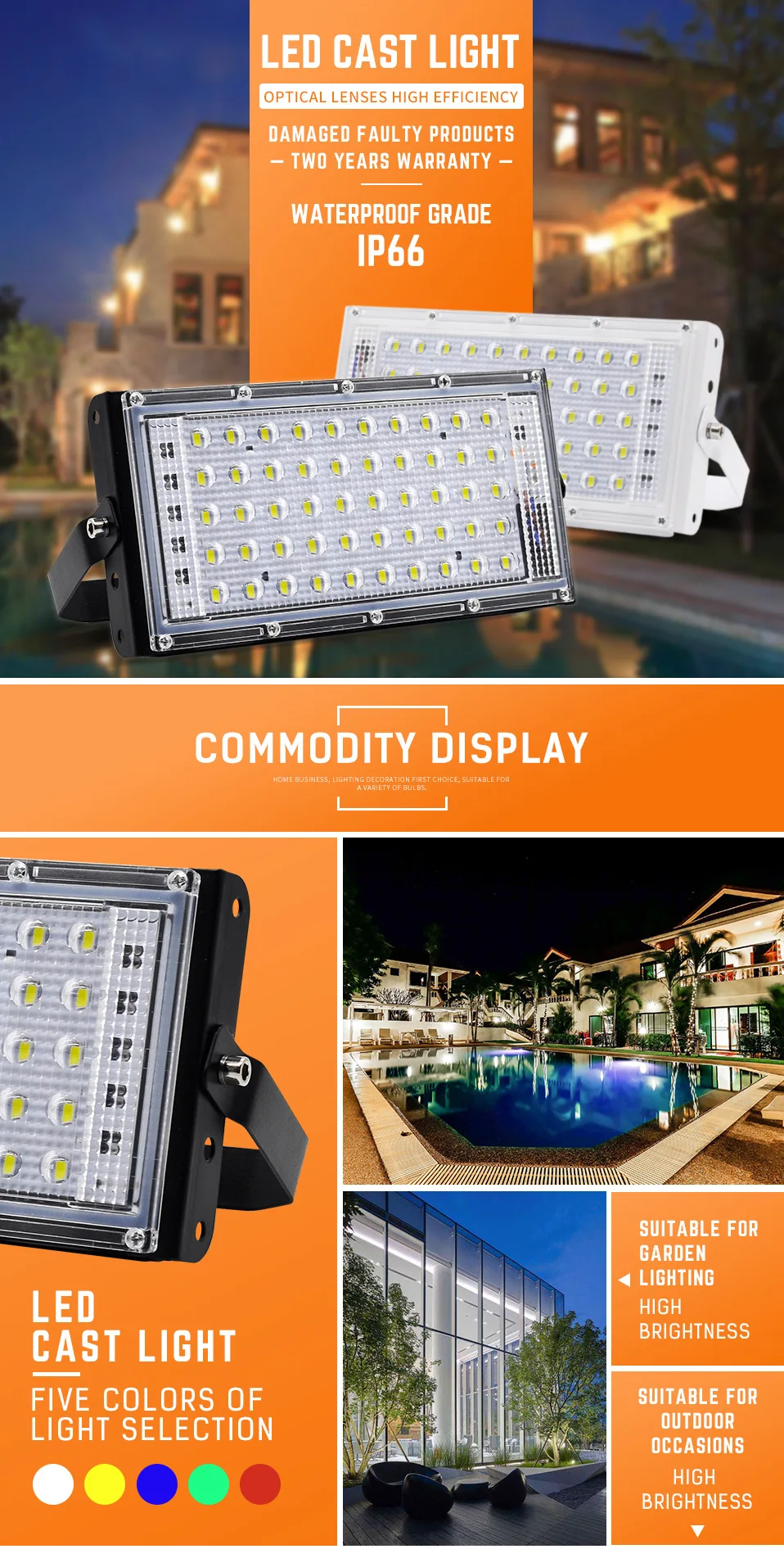 Led Flood Light 50W Spotlight Outdoor IP66 Waterproof AC220V RGB Colorful Flood Light Wall Reflector Lamp Street Garden Lighting security light with sensor