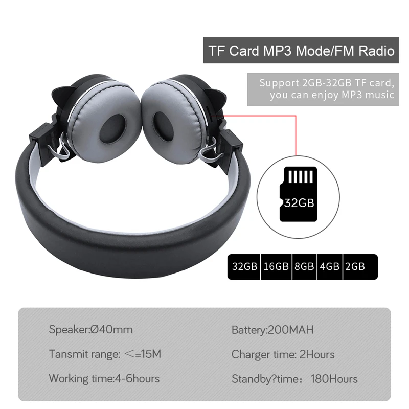 Крутой Мультфильм Bluetooth Гарнитура 3D Черный кот беспроводные наушники Поддержка FM Функция девушка музыка стерео наушники для iPhone подарок