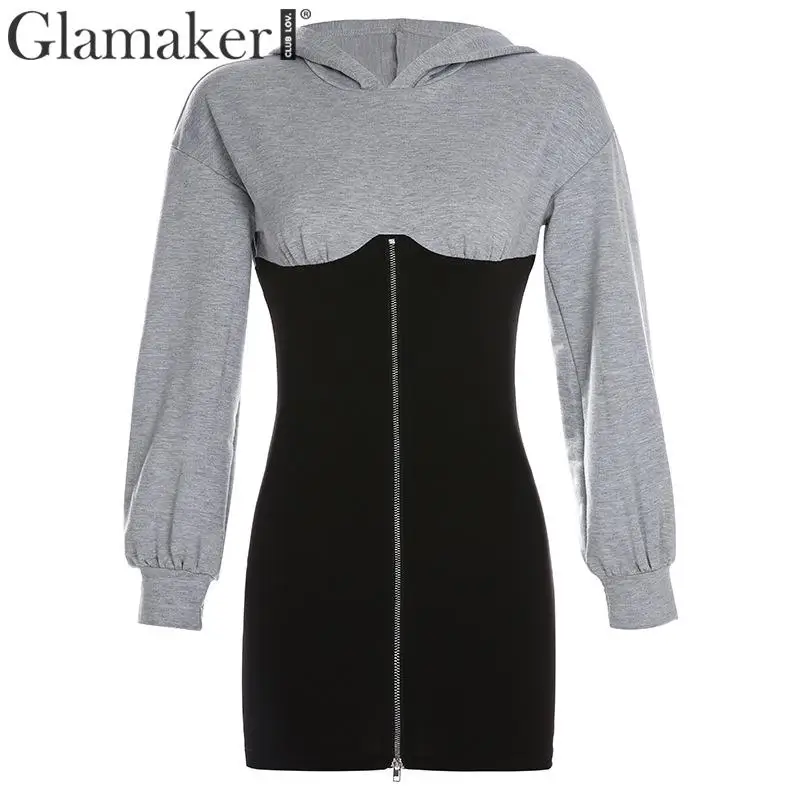 Glamaker хлопковое лоскутное одеяло, облегающее платье с капюшоном и длинными рукавами, с высокой талией, на молнии, мини-платье, Осень-зима, сексуальное платье