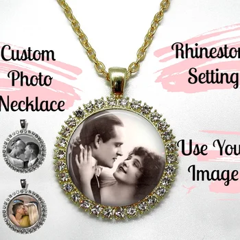 

Custom Photo Pendant in Rhinesetone Bezel,Rhinestone Necklace,wedding gift,Memorial Pendant,Photo Jewelry,