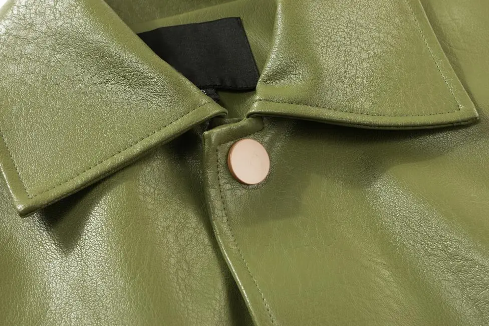New Autumn Winter Original Fashion Avocado Green Vintage Instagram PU Leather Loose Oversize Coat Jacket Outerwear r2147