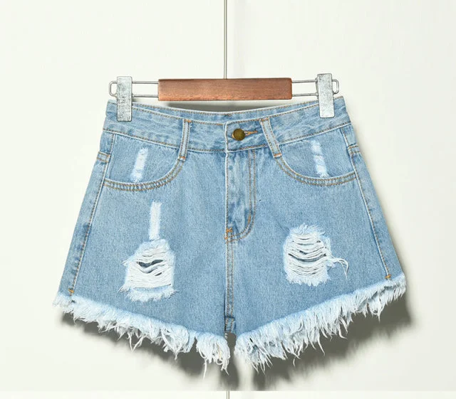 Plus Size Summer Casual Female Straight Mini Shorts Harajuku Jeans Vintage a-line High Waist Denim Hole Shorts for Women - Цвет: Небесно-голубой