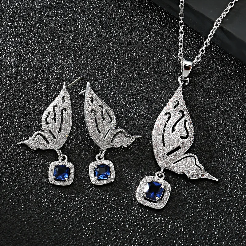

Butterfly Square Fahsion Wedding Ladies Jewelry Sets For Women Luxury Crystal Zircon Earrings Necklaces Set jewellery