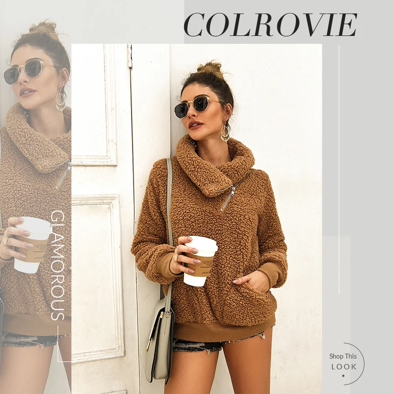 COLROVIE коричневая толстовка на молнии с воротником-стойкой и высоким воротником, повседневные пуловеры, топы, зимние женские теплые толстовки
