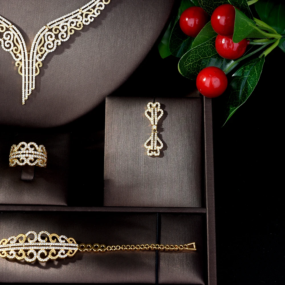 Cubic Zirconia Wedding Necklace Earrings Luxury Crystal Bridal Jewelry Sets - Image 3