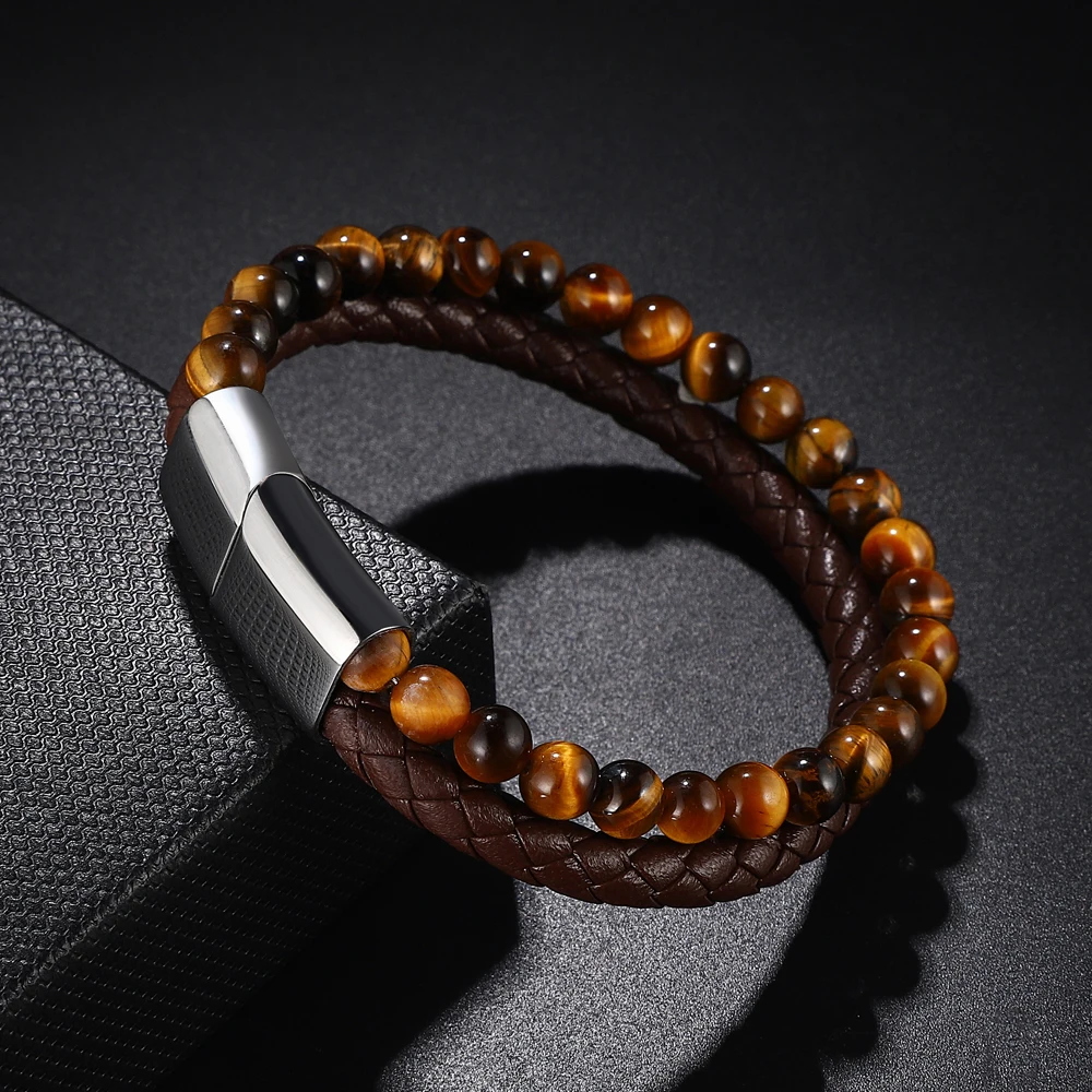 Men Yellow Tiger Eye Bracelet Many Styles Stainless Steel Magnetic Clasp Brown Genuine Leather Wrist Jewelry Handsome Boy Gifts - Image 2
