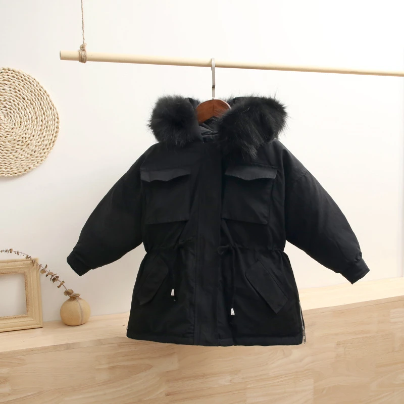 Black Корейское модное однотонное теплое пальто для девочек; зимние детские пуховики с натуральным мехом; парка с капюшоном; Одежда для мальчиков; зимний комбинезон - Цвет: Black